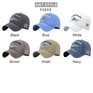 Grid view of washed cotton baseball caps in six colors with shark and flag embroidery