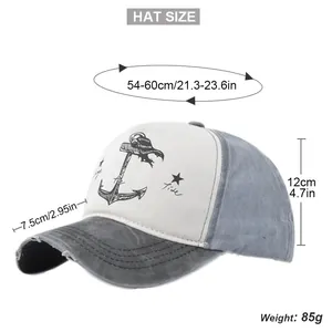 Detailed measurement diagram of distressed anchor print trucker hat showing dimensions