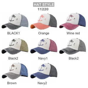 Collage of eight vintage distressed baseball hats with anchor print and silk-screen details