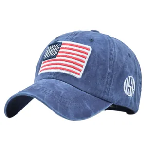 Gorra de béisbol de algodón lavado azul marino con bordado de bandera de EE. UU. y USA