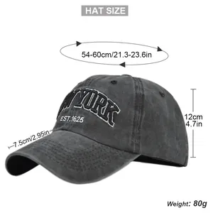Detailed size chart for vintage New York embroidered dark grey washed cotton baseball cap