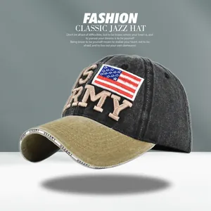 Detailed close-up of embroidered US flag and US ARMY text on vintage baseball cap