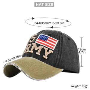 Detailed size chart for vintage US Army embroidered baseball cap with flag patch