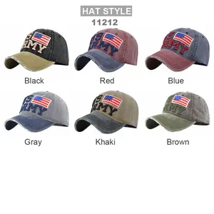 Showcase of vintage washed baseball caps with U.S. Army embroidery and American flag patches