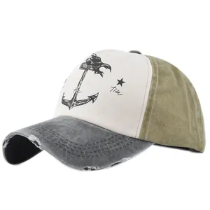 Vintage distressed baseball cap with anchor print and tricolor washed cotton design