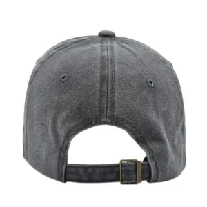 Detail of dark grey washed cotton baseball cap with adjustable antique brass buckle