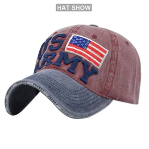 Detail of US Army embroidery and American flag patch on washed canvas baseball cap