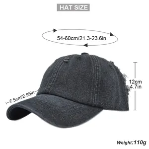 Detailed measurement guide for vintage washed black denim baseball cap with distressed rips