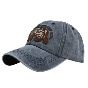 Casquette vintage en coton bleu marine avec broderie ours et patch Yellowstone Park