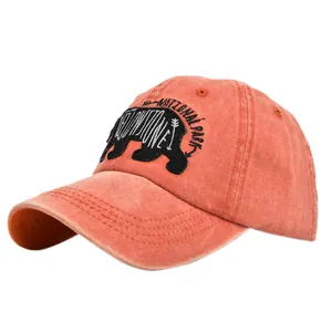 Casquette de baseball vintage en coton délavé orange avec broderie ours Yellowstone