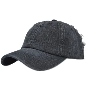 Vintage washed dark grey denim baseball cap with distressed hole details and curved brim