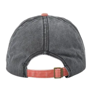 Rear view of vintage washed canvas baseball cap with adjustable strap and metal buckle