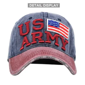 Detailed close-up of US ARMY 3D embroidery and flag patch on vintage washed denim cap
