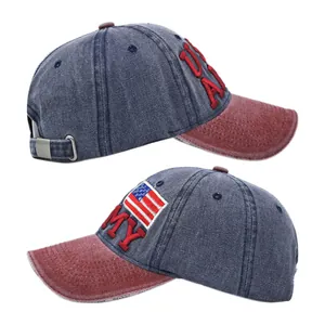 Detailed side view of distressed US Army baseball cap with vintage American flag embroidery