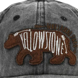 Casquette baseball rétro en coton délavé avec broderie ours Yellowstone et écusson