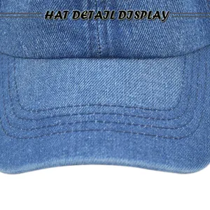 Macro detail showing twill denim texture and multi-line stitching on blue baseball cap