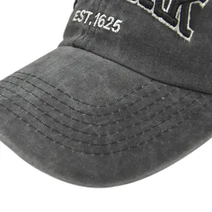 Close-up of vintage New York baseball cap showing stitching and EST. 1625 embroidery