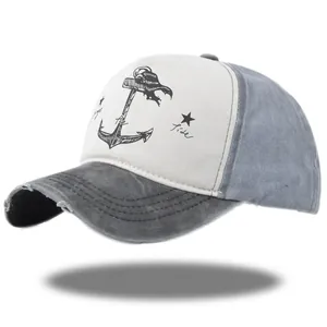 Vintage Washed Cotton Baseball Cap Distressed Frayed Edge Trucker Hat Anchor Printed Adjustable Outdoor Casual Snapback