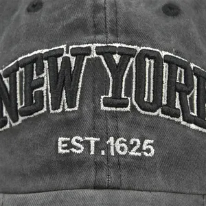 Vintage dark gray washed cotton baseball cap featuring 3D New York embroidery detail