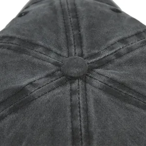 Close-up of top button and stitching on washed cotton baseball cap fabric texture
