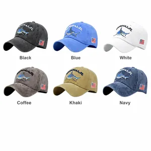 Distressed baseball hats with shark embroidery and US flag patch in multiple colors