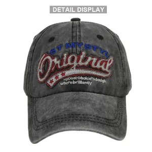 Casquette vintage en coton lavé gris foncé avec motifs de broderie 3D de haute qualité