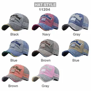 Flat lay matrix of vintage washed cotton baseball caps with distressed 1969 embroidery