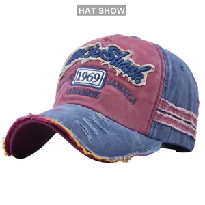 Close-up of vintage distressed baseball cap featuring 3D embroidery and frayed brim details