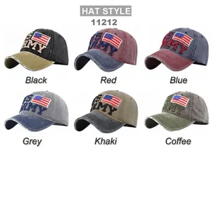 Washed cotton US Army baseball caps with flag embroidery in six different colors