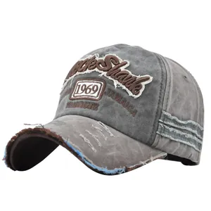 Vintage baseball cap with 1969 shark embroidery and distressed washed canvas finish
