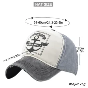 Detailed size chart of distressed maritime anchor baseball cap with dimensions