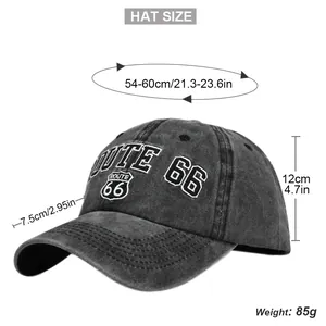 Dimensions détaillées d'une casquette de baseball vintage Route 66 en coton noir