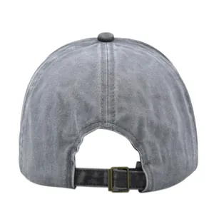 Rear view of distressed grey baseball cap showing adjustable metal buckle strap