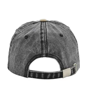 Detail view of vintage charcoal baseball cap back with silver buckle and cotton strap