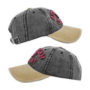 Detail of vintage washed denim baseball cap with 3D red embroidery and adjustable buckle