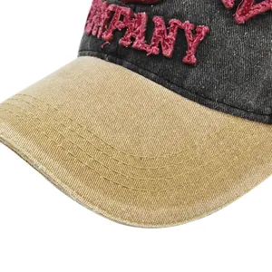 Close-up of vintage baseball cap featuring 3D plush COMPANY embroidery and stitching