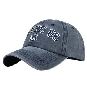 Casquette de baseball vintage Route 66 en coton lavé bleu marine avec broderie en relief