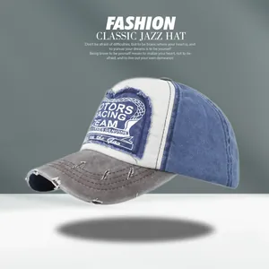 Detailed close-up of distressed vintage motors racing team baseball cap with frayed edges