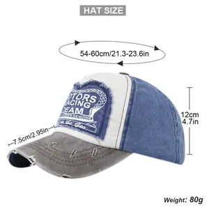 Detailed size chart for distressed baseball cap with motors racing team patch