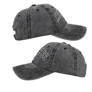 Détail d'une casquette de baseball en coton délavé avec broderie vintage Route 66