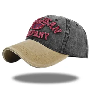 Vintage Washed Cotton Baseball Cap Distressed Embroidery Letter Number Patchwork Sun Hat Adjustable Casual Streetwear Cap