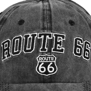 Casquette de baseball vintage grise ROUTE 66 brodée en coton avec finition denim