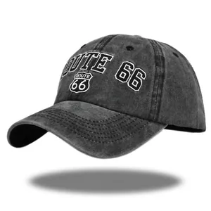 Casquette de Baseball en Coton Délavé Brodée Route 66 Vintage Pour Hommes Femmes Réglable Chapeau de Soleil Rétro Usé Sport de Plein Air