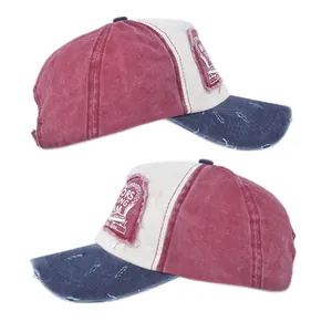 Detailed side view of vintage distressed baseball cap with retro embroidered patch