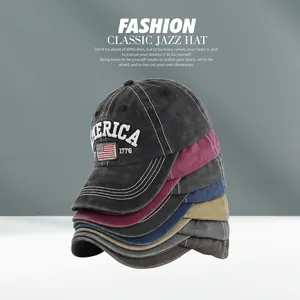 Close-up of vintage washed cotton baseball caps with 3D America embroidery and flag patch