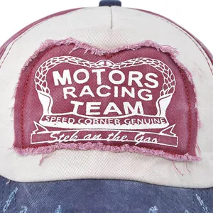 Retro distressed motors racing baseball cap with vintage patchwork and embroidery details