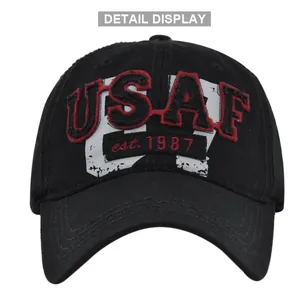Schwarze Vintage USAF 1987 3D bestickte Baseballkappe aus Baumwolle im Used-Look