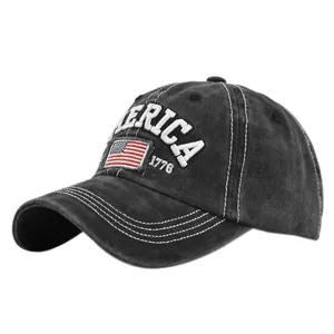 Vintage washed black baseball cap with America embroidery and USA flag patch