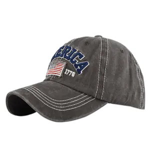 Detail of vintage washed cotton baseball cap with AMERICA 1776 embroidery and flag patch