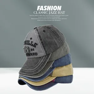 Close-up of stacked vintage baseball caps featuring 3D embroidery and distressed fabric texture